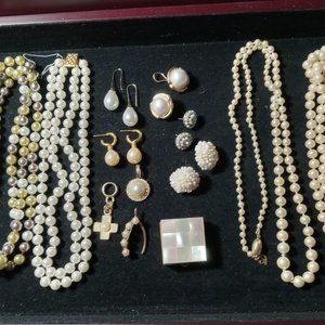 Vintage Lot of Pearl Jewelry 12 Pieces Strands Earrings Enhancers Pill Box